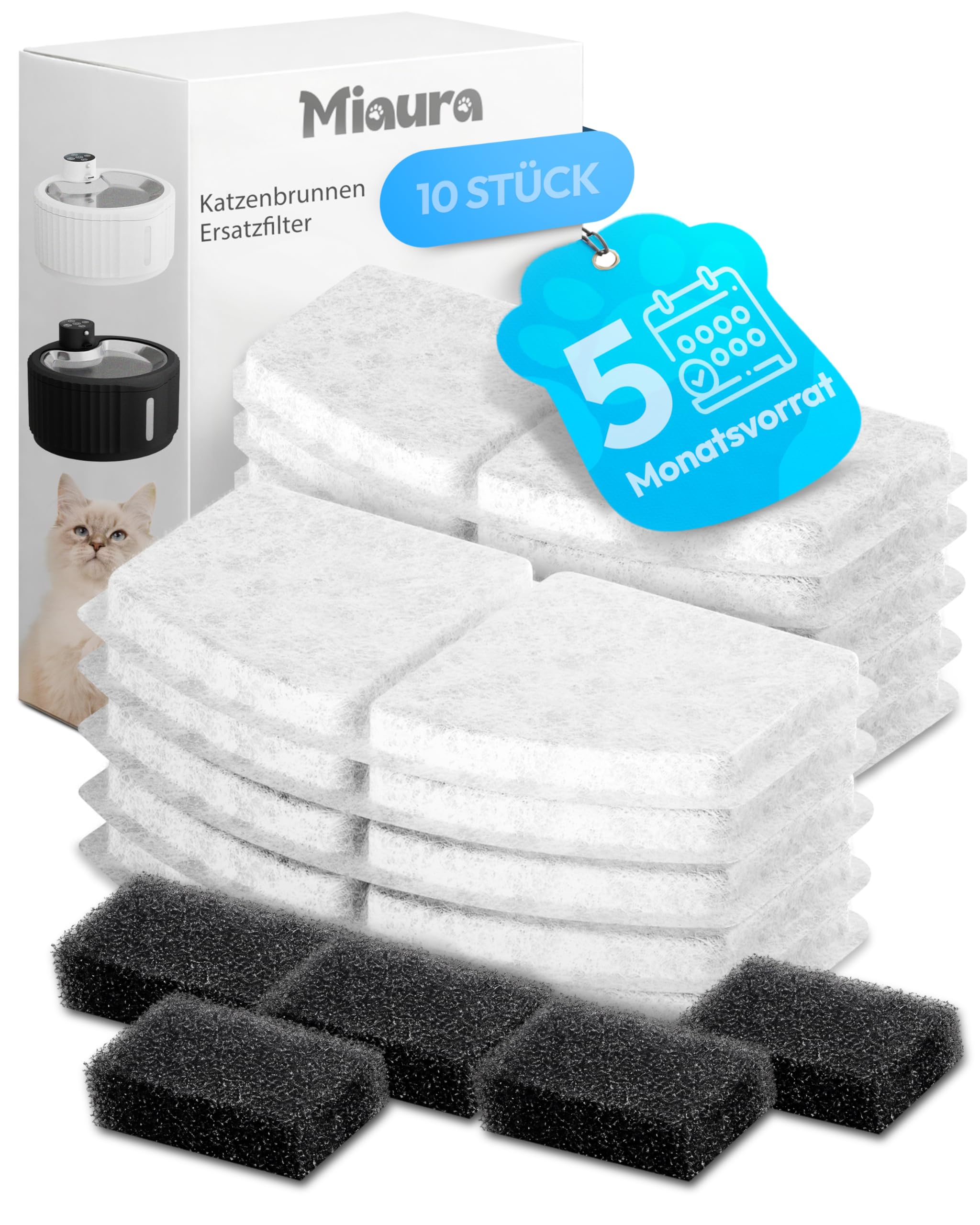 Miaura® 10er Pack Katzenbrunnen Filter – 5 Monate Vorrat für kristallklares Wasser