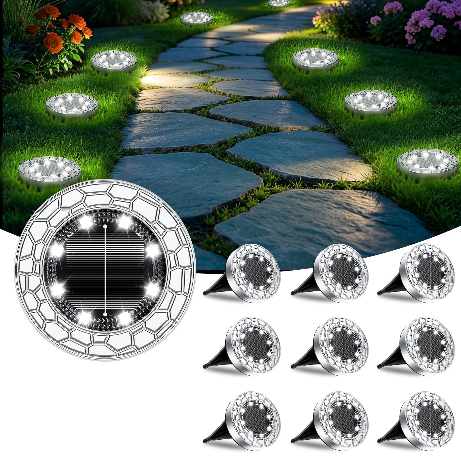 FIFlying Solar Bodenleuchten 10er Set – Gartenbeleuchtung IP65 Wasserdicht mit 8 LEDs