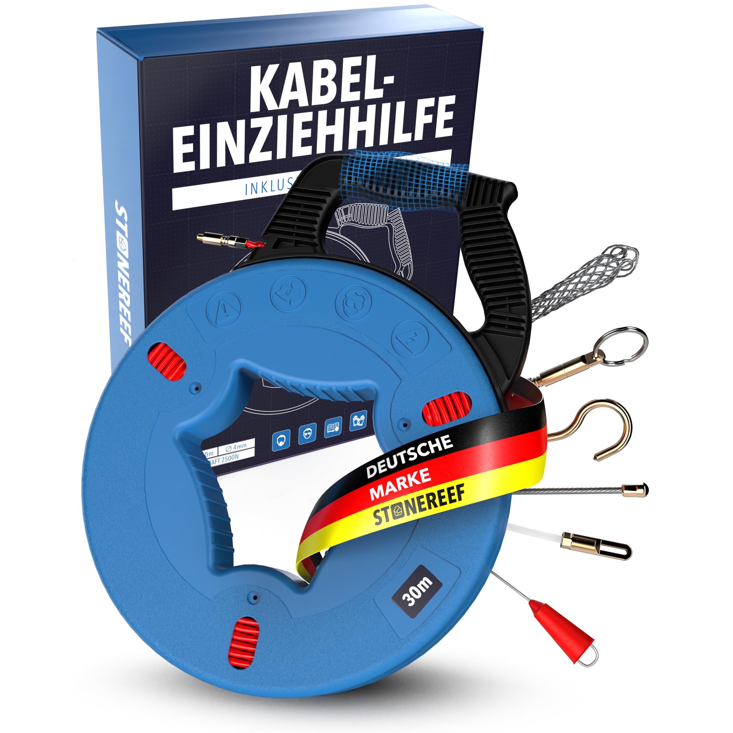 30 m Kabeleinziehhilfe STONE REEF – Fiberglas Spirale mit 5 Aufsätzen für sichere Kabelverlegung