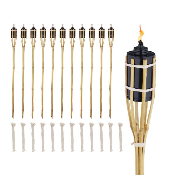 Relaxdays 12er Set Bambus-Ölfackeln 90 cm – Stimmungsvolle Gartendeko mit Ersatzdochten