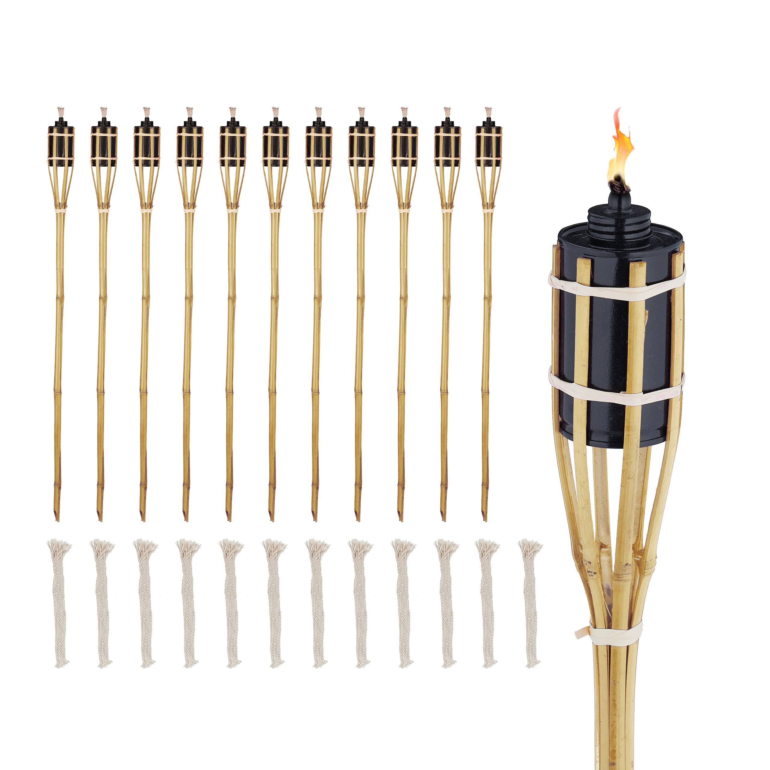 Relaxdays 12er Set Bambus-Ölfackeln 90 cm – Stimmungsvolle Gartendeko mit Ersatzdochten