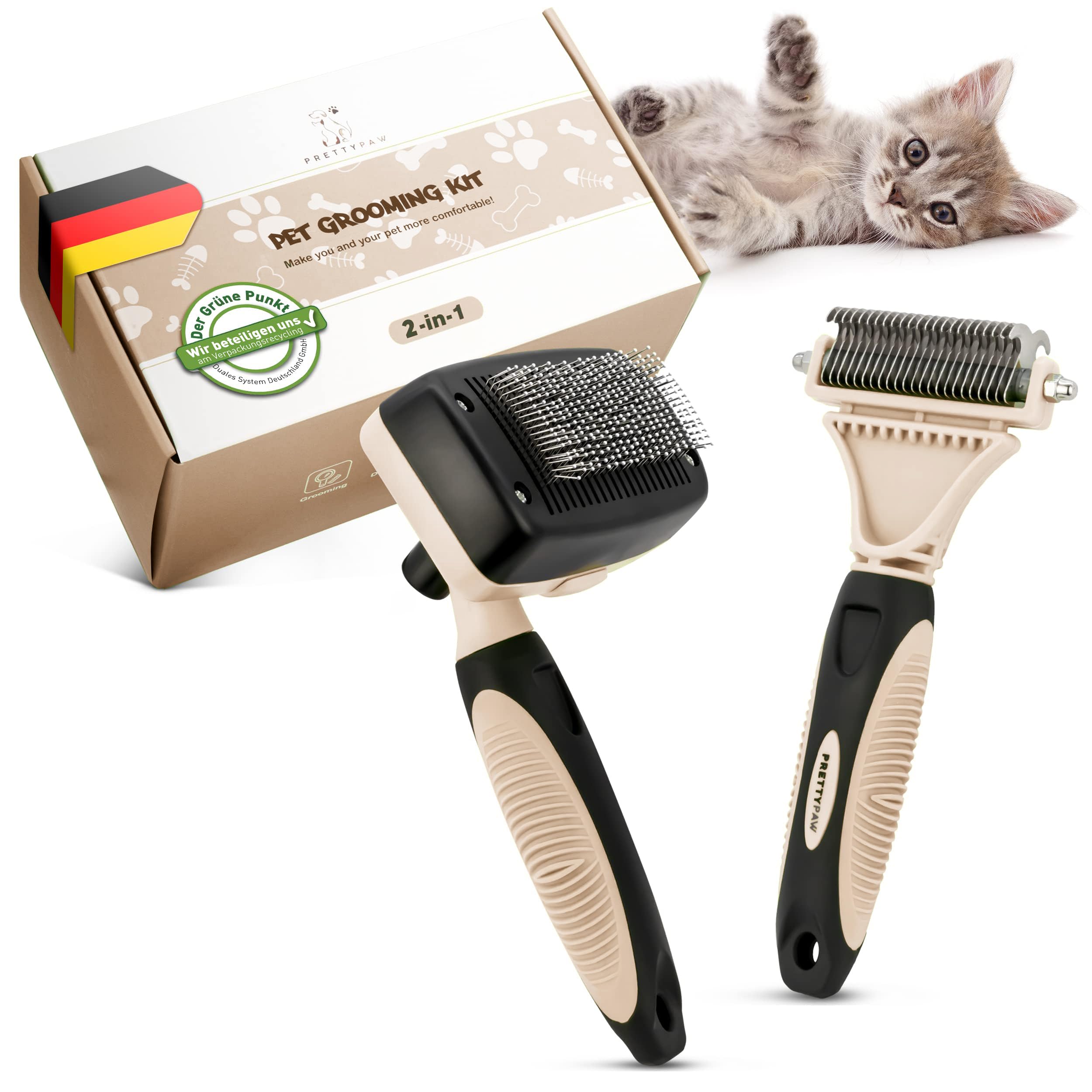 PRETTYPAW Katzenbürsten-Set 2-teilig – Sanfte Fellpflege für Kurz- & Langhaarkatzen
