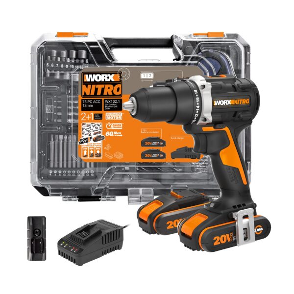 WORX NITRO 20V Akku-Bohrschrauber WX102.1 – Bürstenlos mit 60Nm & 2 Akkus