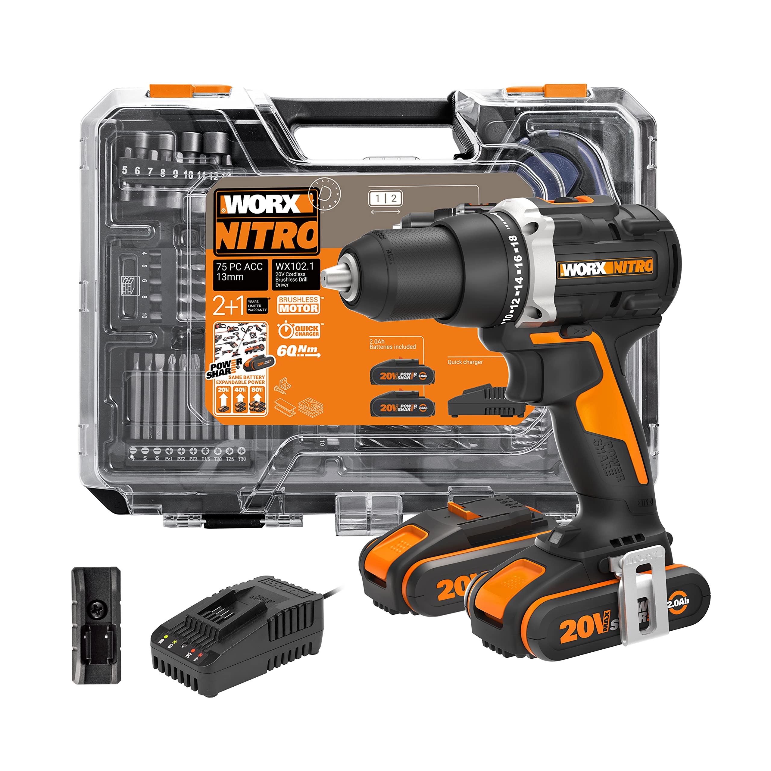 WORX NITRO 20V Akku-Bohrschrauber WX102.1 – Bürstenlos mit 60Nm & 2 Akkus