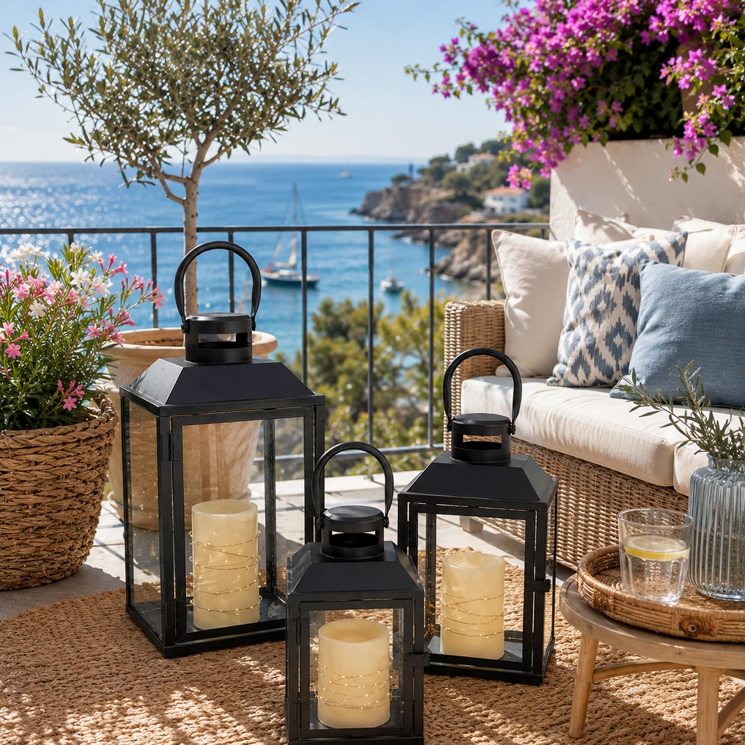 Mojawo 3er Set Gartenlaternen Windlicht – Elegante Metalllaterne Schwarz H24/33/41cm