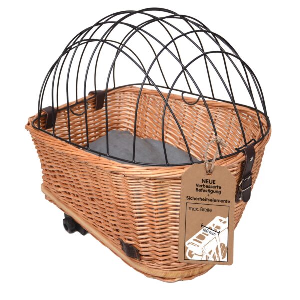 UNUS Hundefahrradkorb 47x29x34cm aus Weide – Sicherer Gepäckträgerkorb mit Gitterabdeckung