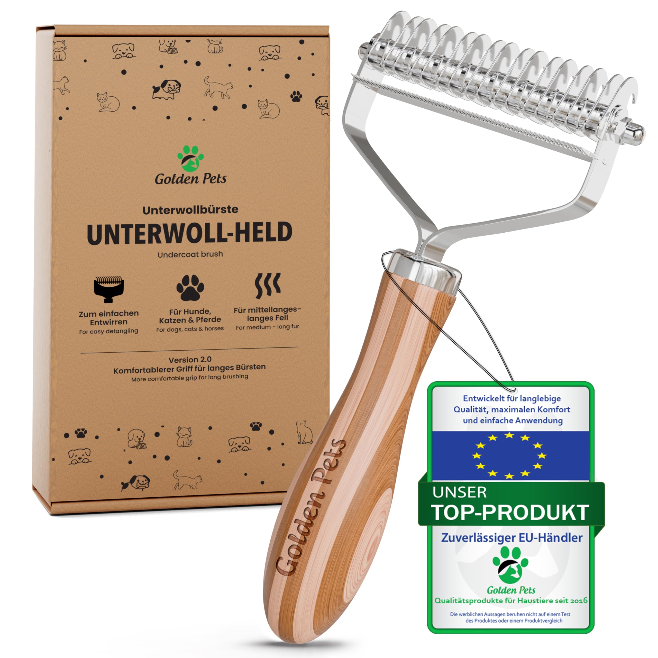 Golden Pets Unterwollbürste 2in1 – Profi-Fellbürste für Hunde & Katzen | Entfilzung & Unterwolle