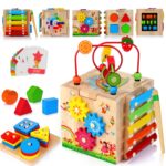 HELLOWOOD Motorikwürfel 8-in-1 aus Gummiholz – Montessori Lernspielzeug ab 1 Jahr