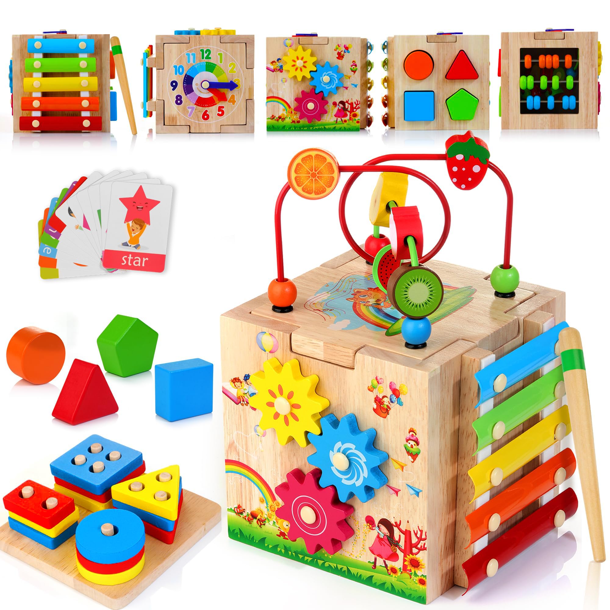 81fPEj3fqwL._SY2000_.jpg HELLOWOOD Motorikwürfel 8-in-1 aus Gummiholz – Montessori Lernspielzeug ab 1 Jahr – Bild 1