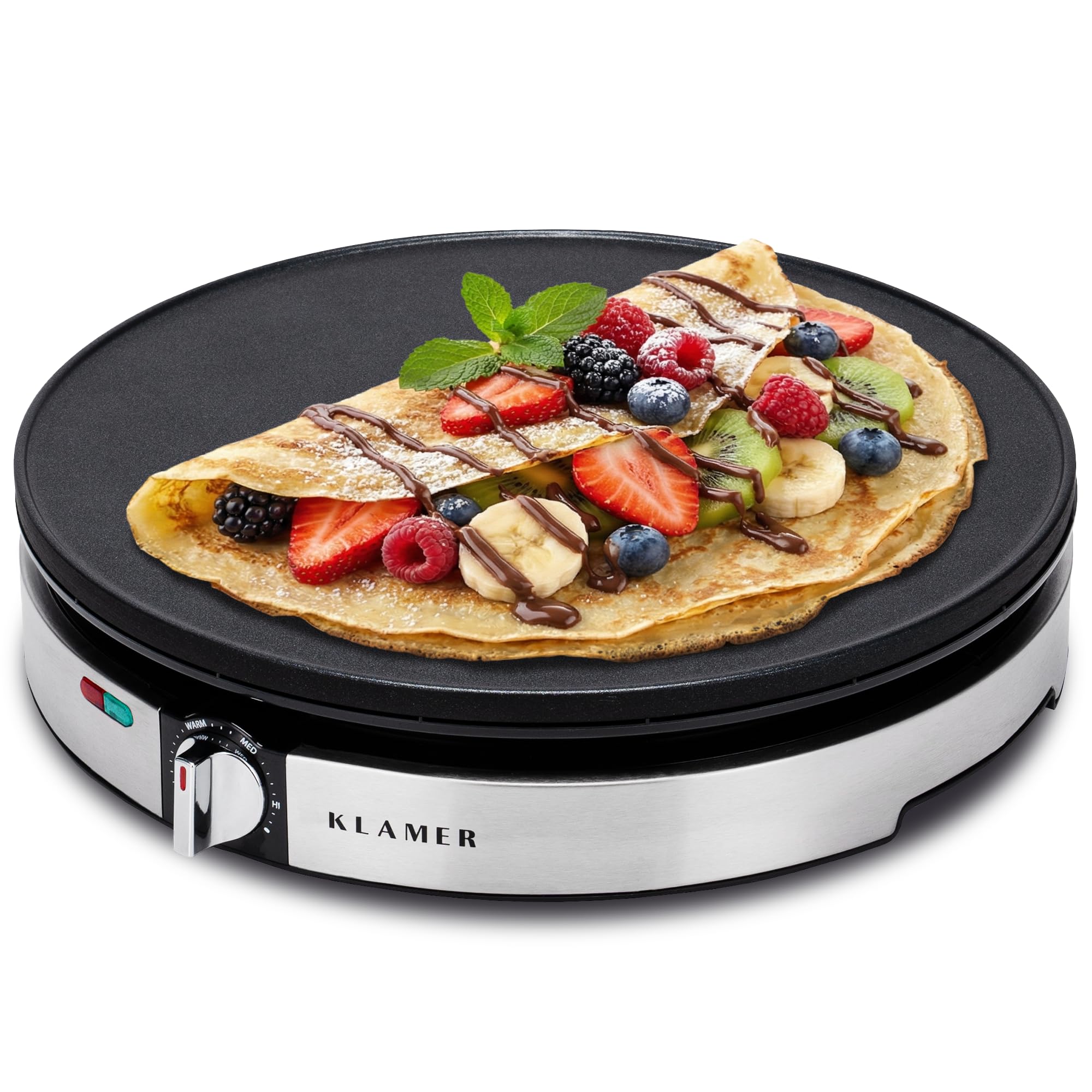 KLAMER Crêpes Maker 30 cm mit Antihaftbeschichtung & Holz-Zubehör – 1400 Watt