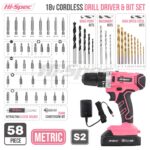 Hi-Spec 18V Akkubohrschrauber Pink – Profi-Bohrmaschine mit 58tlg Bitset für Holz, Metall & Mauerwerk – Bild 2