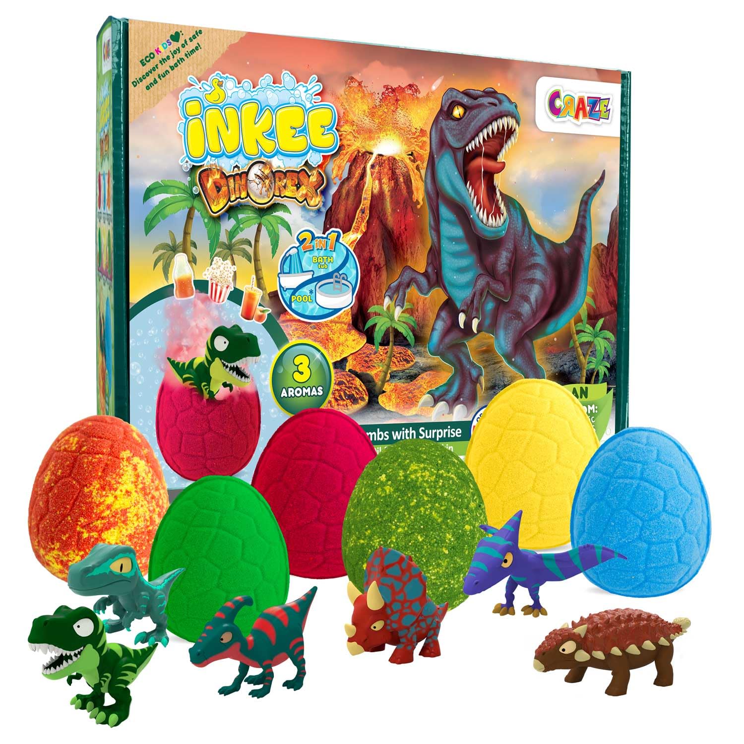INKEE Dino Badebomben Geschenkbox mit 6 Badekugeln & Dinosaurier Figuren zum Sammeln