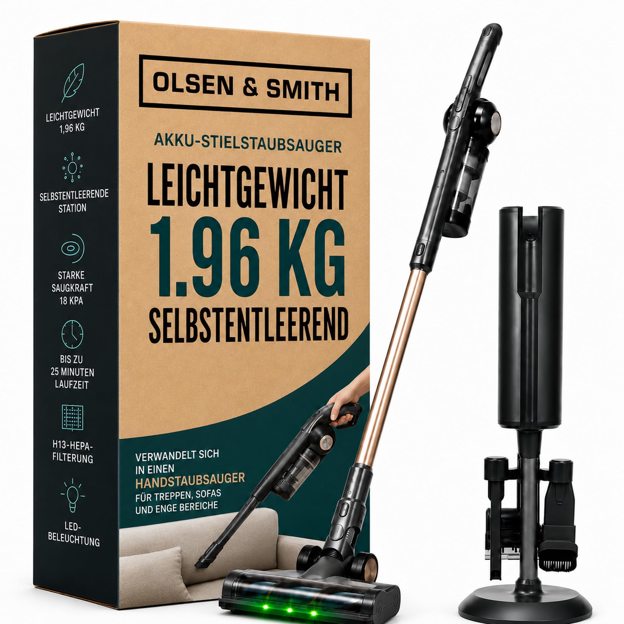 Olsen & Smith SVC06 Akku Staubsauger 1,96kg mit Selbstentleerung – 18kPa, 25min Laufzeit