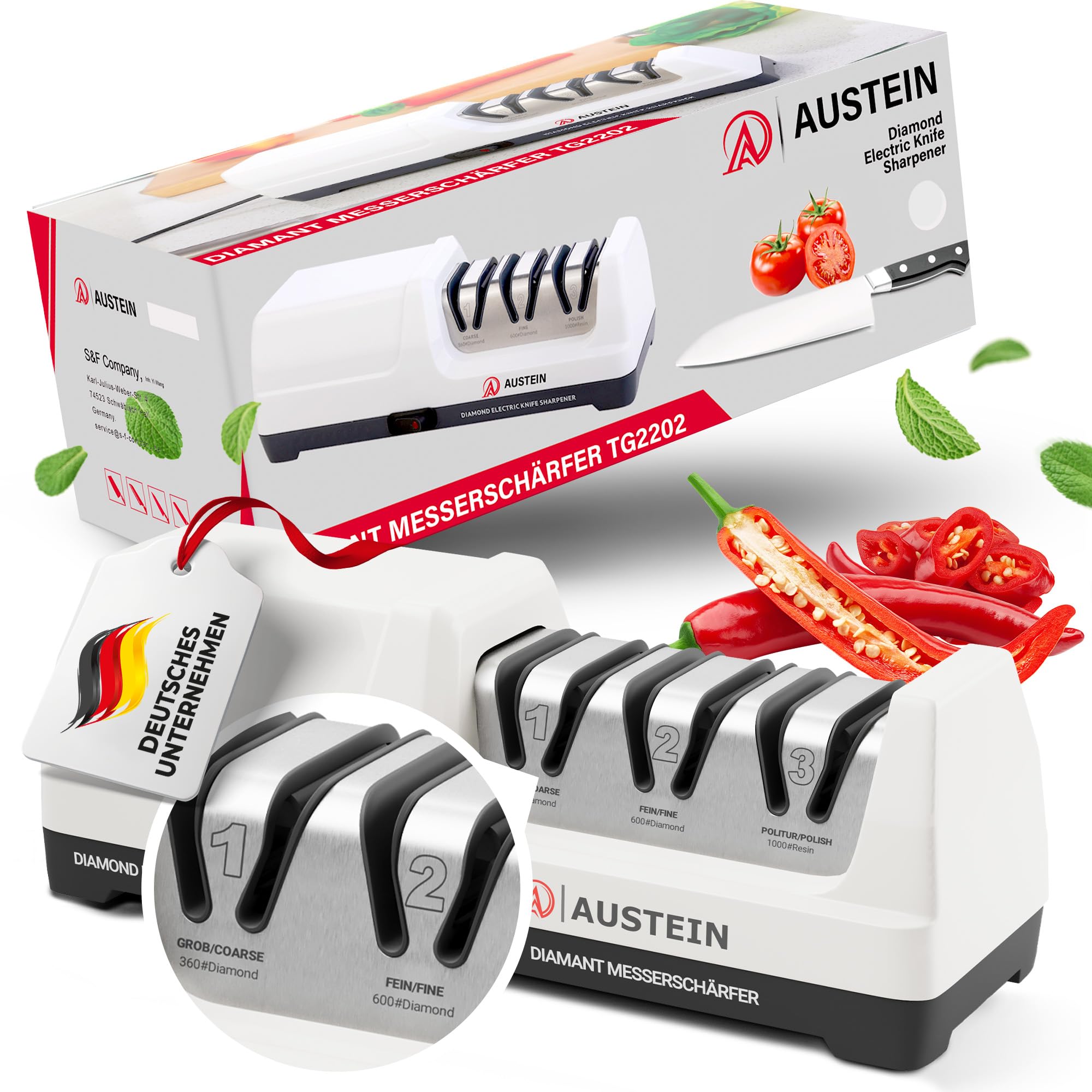 AUSTEIN Diamant Messerschärfer TG2202 – Elektrischer 3-Phasen Messerschleifer mit 20° Winkel