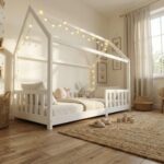 ecomi® Kinderbett 90x200 Hausbett – Bodenbett mit Rausfallschutz & Lattenrost Kiefer Weiß – Bild 3