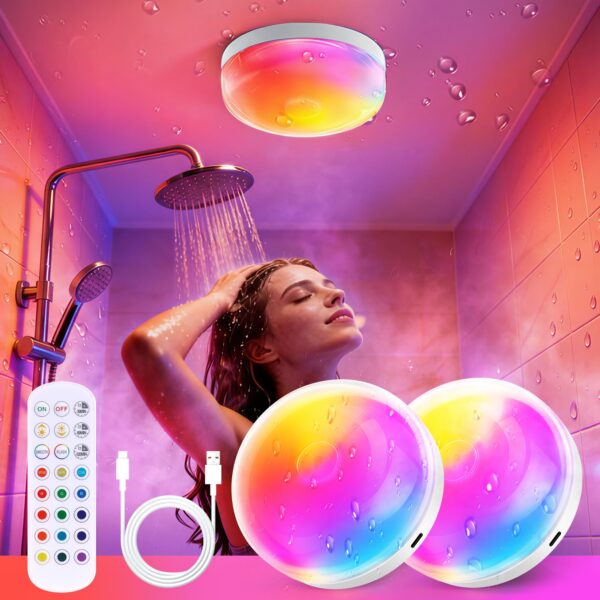 2er Set Rinfency Duschlampe IP44 – 16 Farben LED mit Akku & Fernbedienung für Badezimmer