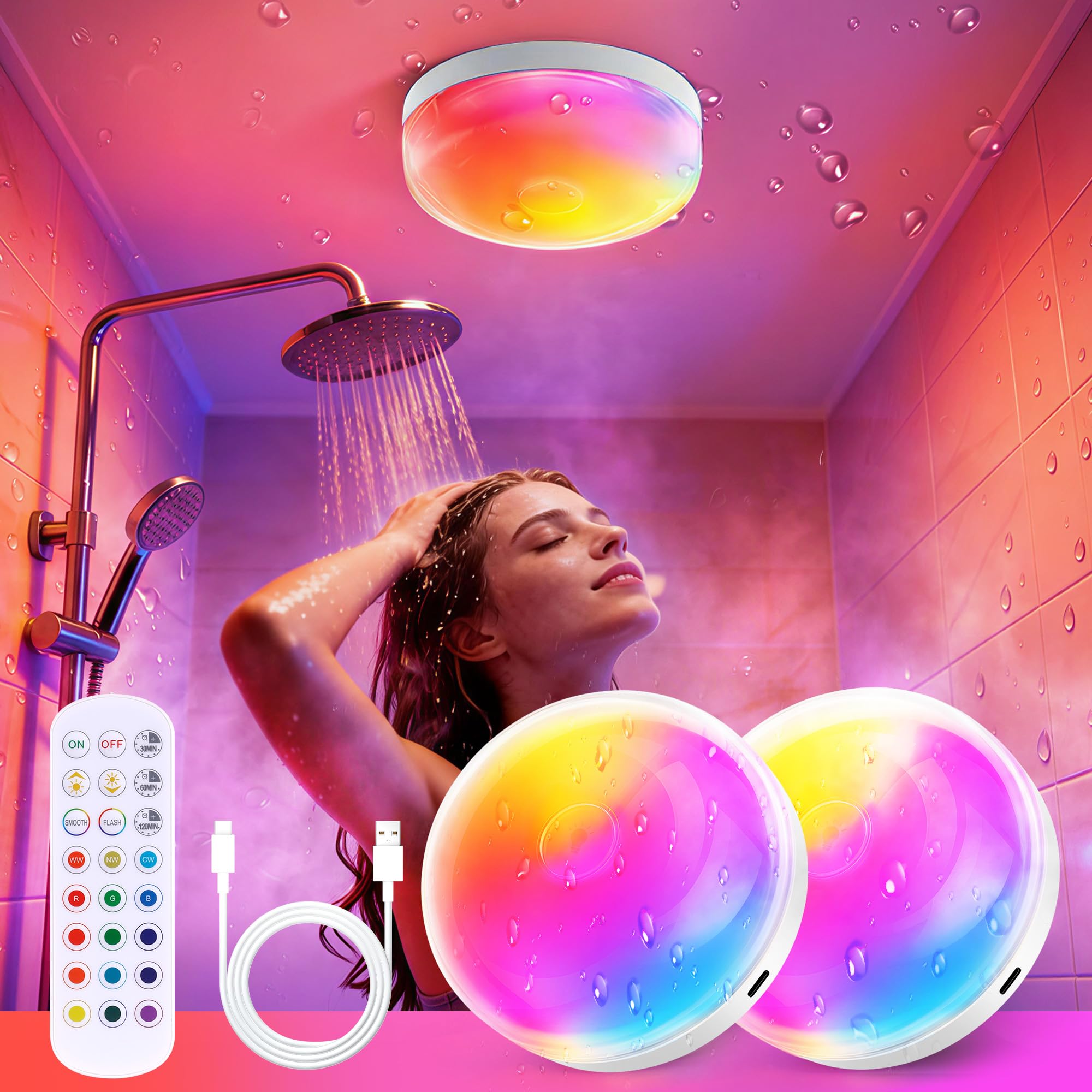 81iFct2YT4L._SY2000_.jpg 2er Set Rinfency Duschlampe IP44 – 16 Farben LED mit Akku & Fernbedienung für Badezimmer – Bild 1