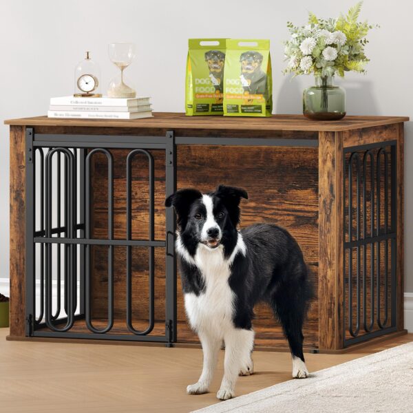 HEXCELEN Hundekäfig-Möbel 100 cm mit Schiebetür – 2-in-1 Hundebox & Beistelltisch Braun