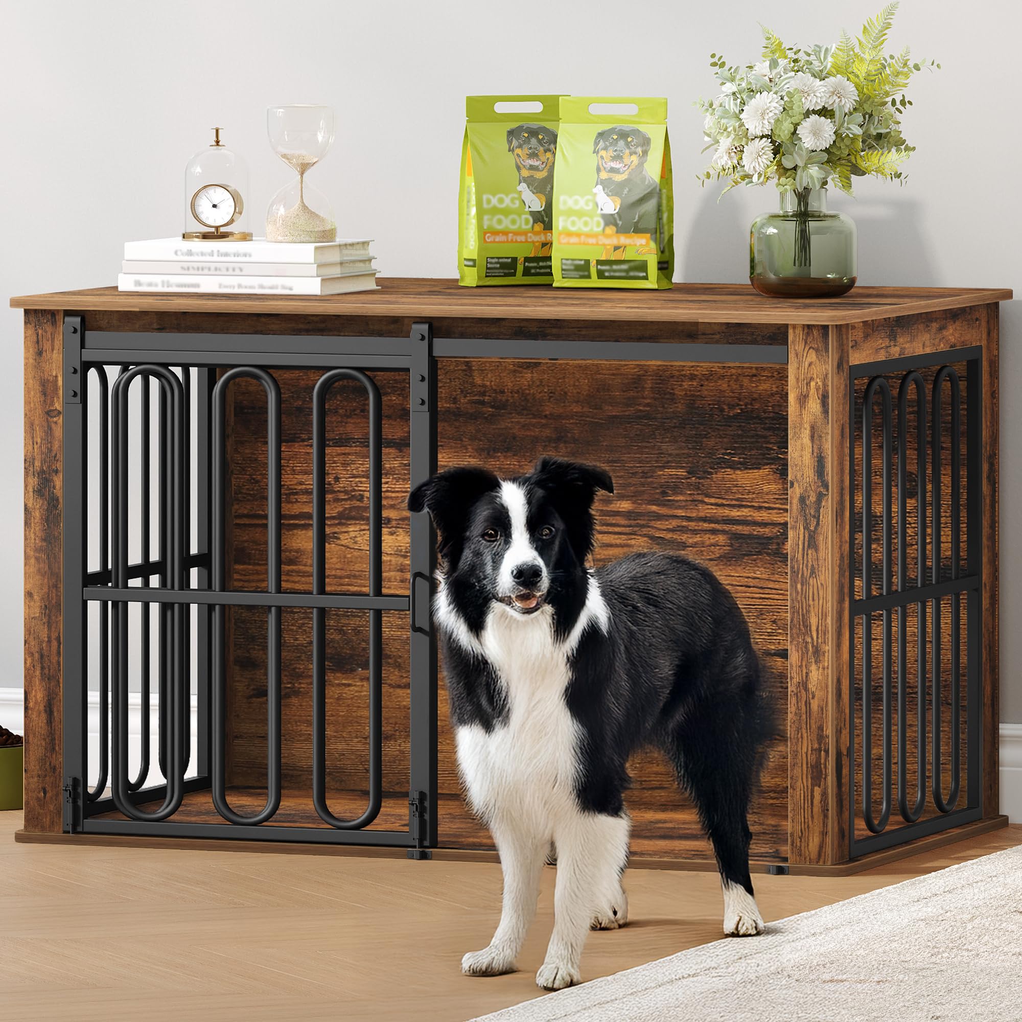 HEXCELEN Hundekäfig-Möbel 100 cm mit Schiebetür – 2-in-1 Hundebox & Beistelltisch Braun