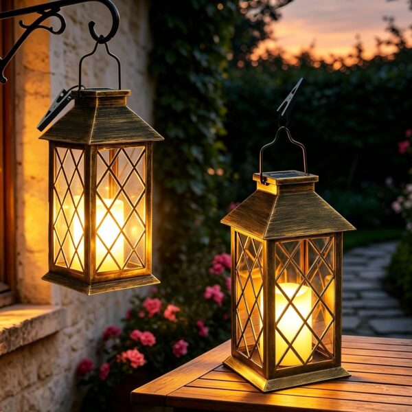 Yowin Solarlaterne 2er-Set 22cm mit LED-Flackereffekt – Wetterfeste Gartenbeleuchtung Bronze