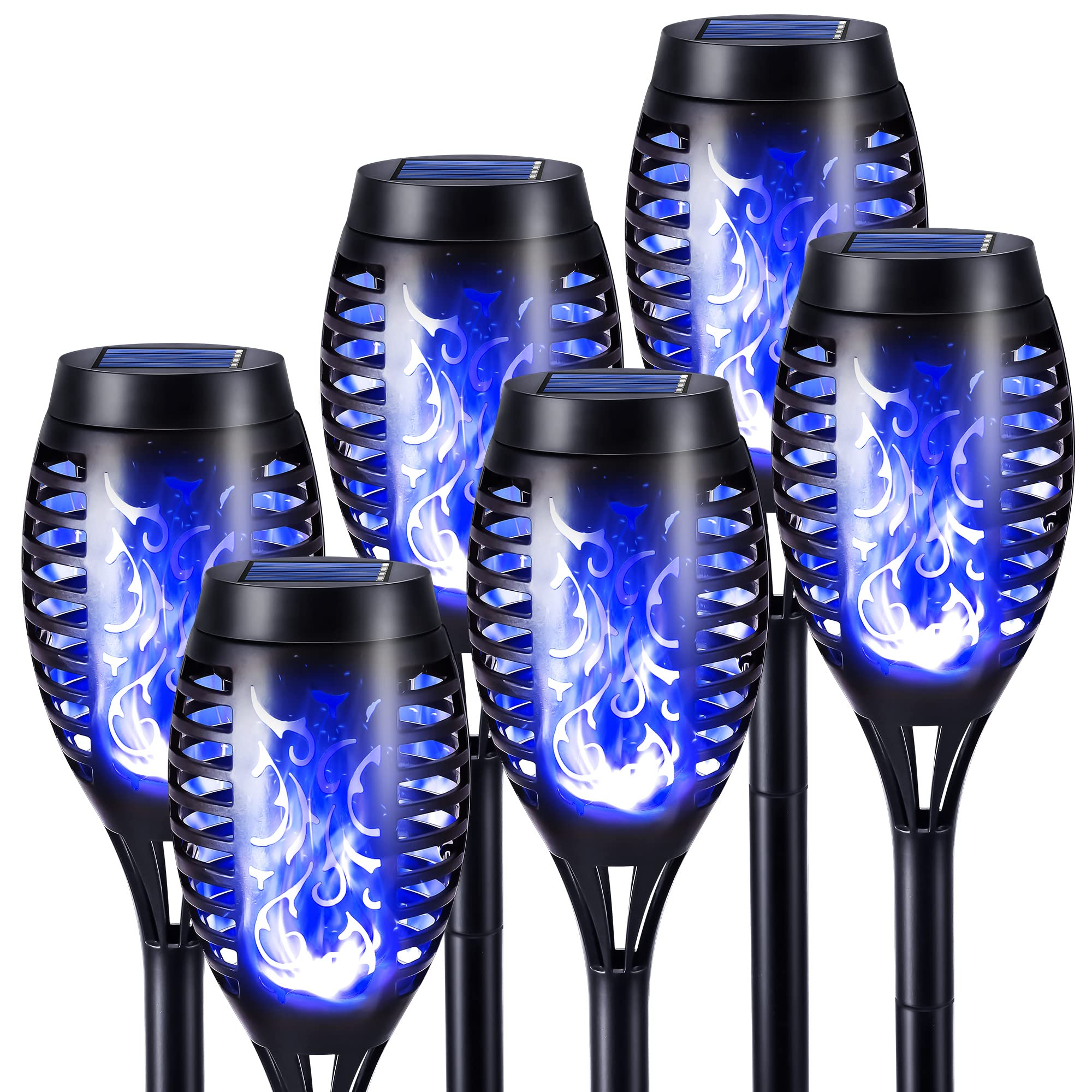 Geemoo Solar Gartenfackeln 6er Set – Blaue Flammeneffekt Solarleuchten IP65 für Aussen
