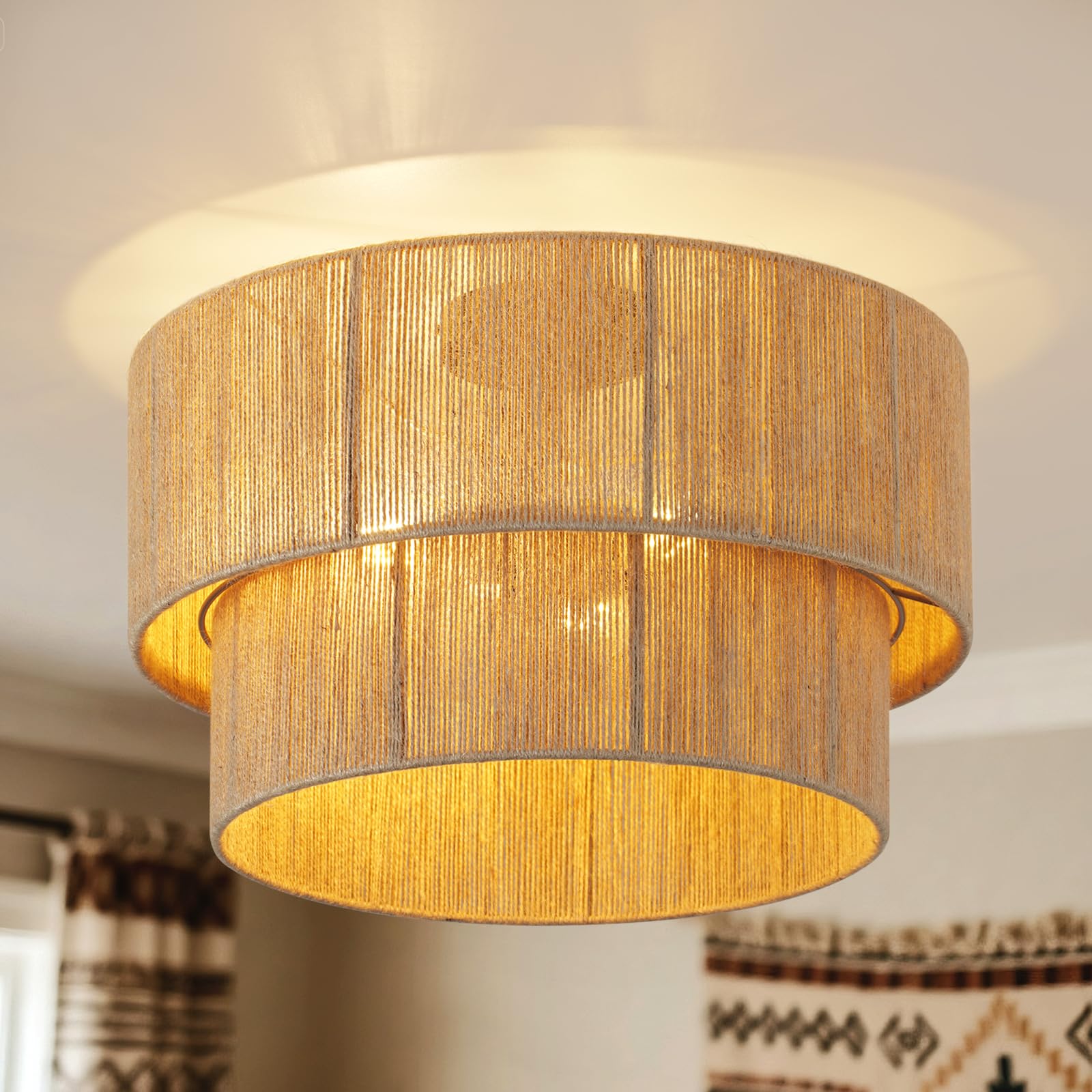 CALOKES Boho Deckenleuchte Ø45cm – 3-flammige Juteseil-Lampe mit Korb-Design