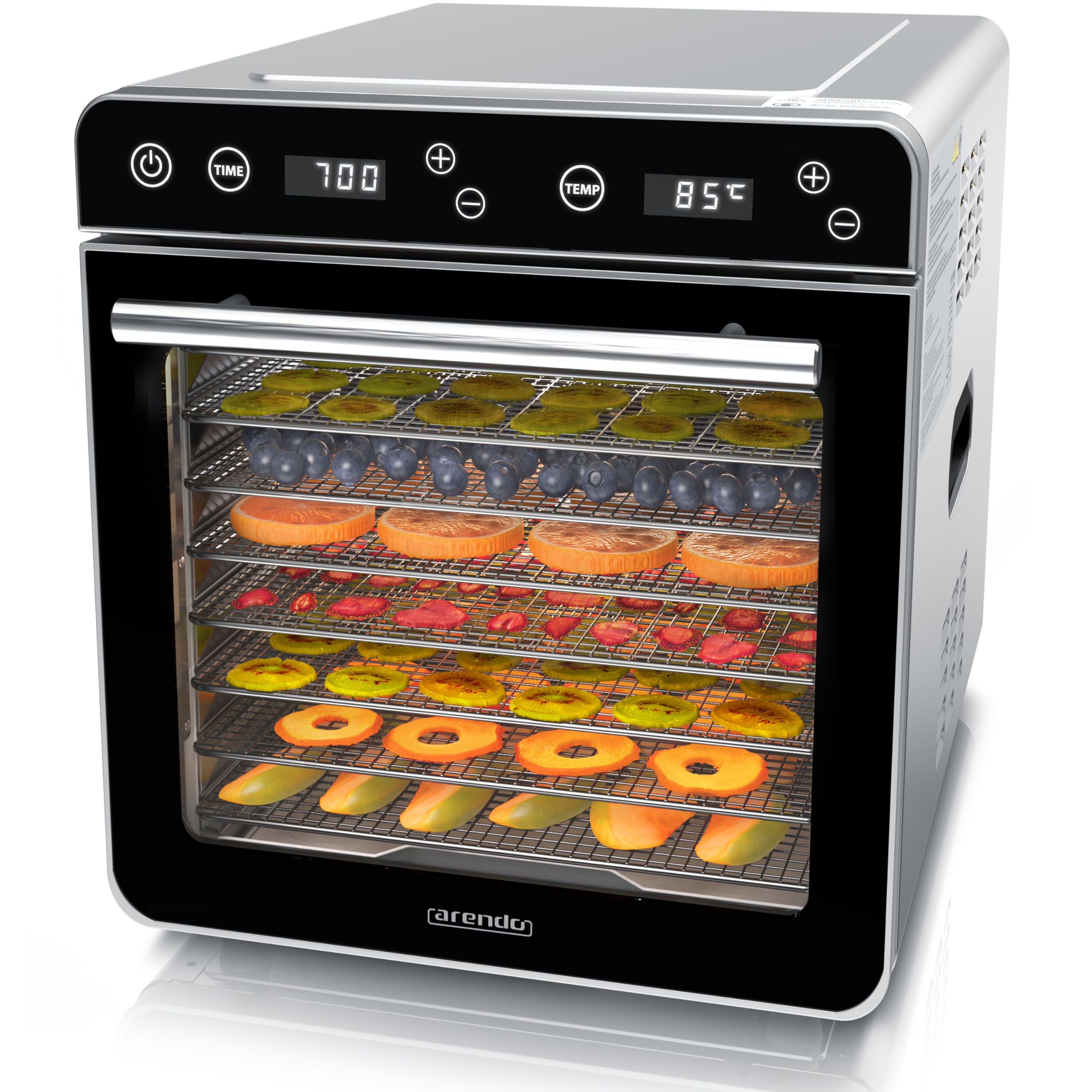 Arendo Dörrautomat Edelstahl 700W – 8 Einlegefächer mit 6700 cm² für Obst & Fleisch