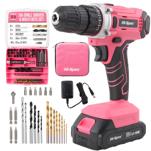 Hi-Spec 18V Akkubohrschrauber Pink – Profi-Bohrmaschine mit 58tlg Bitset für Holz, Metall & Mauerwerk