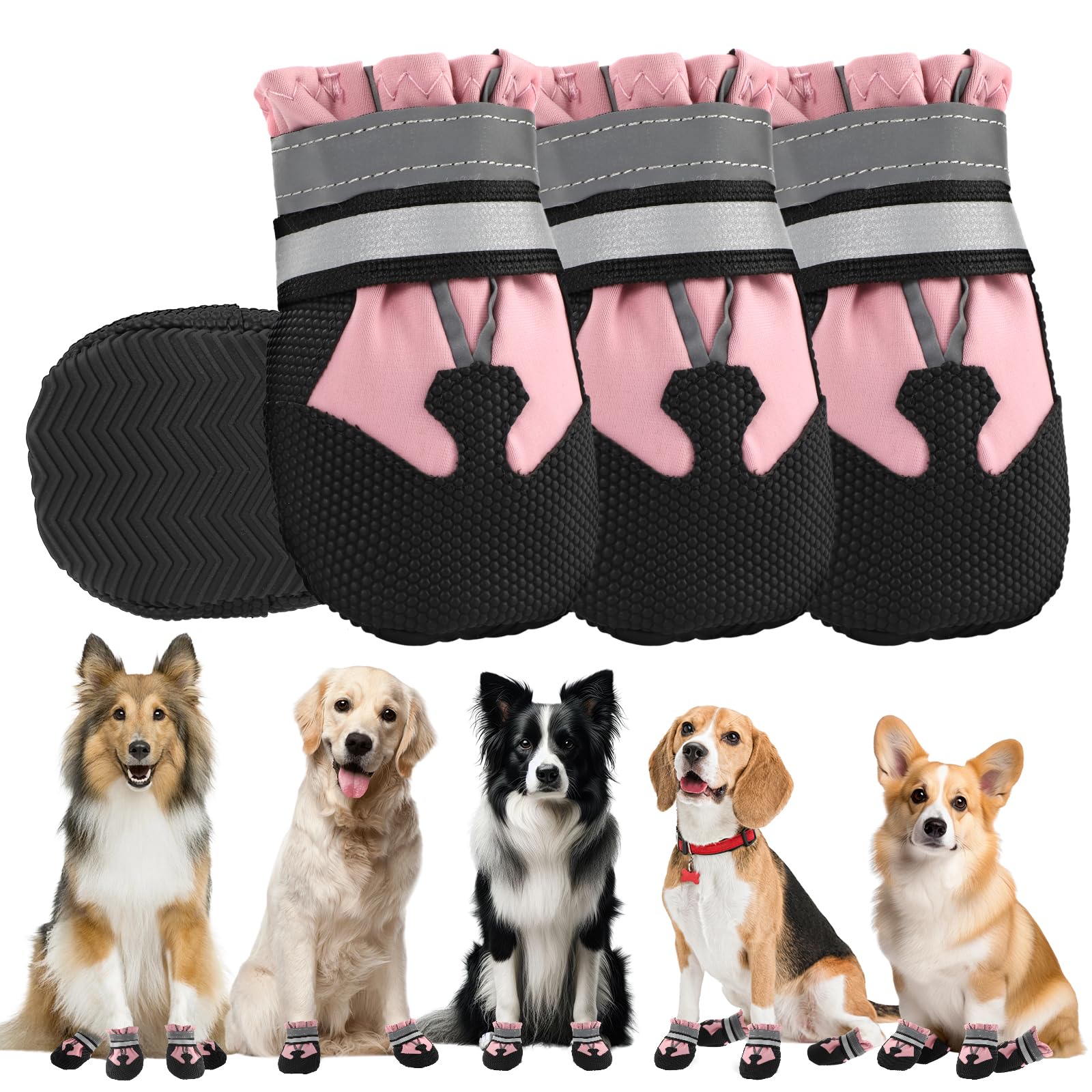QKURT 4er Set Hundeschuhe wasserdicht – Pfotenschutz mit Reflektoren für alle Grössen
