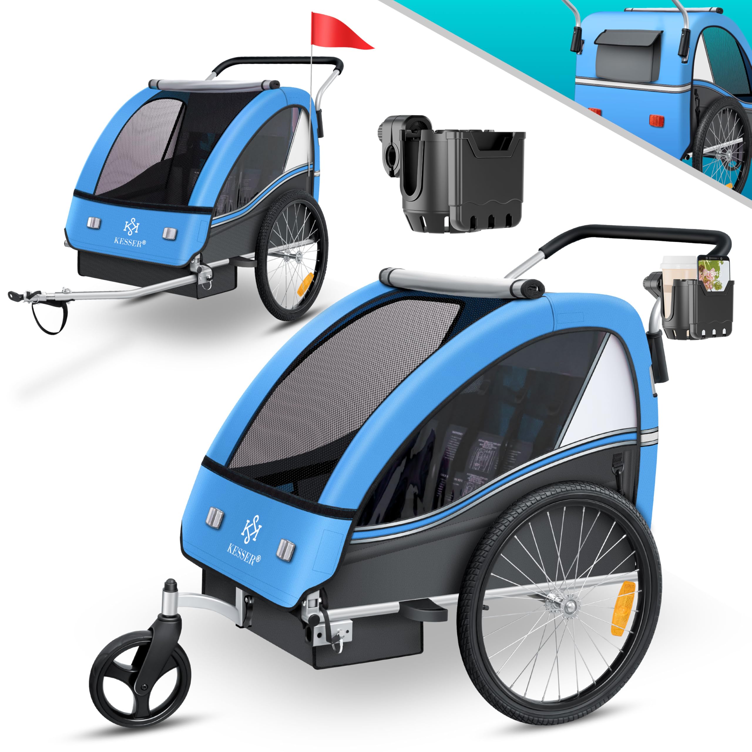 KESSER Sport-RX 2in1 Kinderfahrradanhänger & Buggy – 5-Punkt-Gurt & 360° Vorderrad für 1-2 Kinder