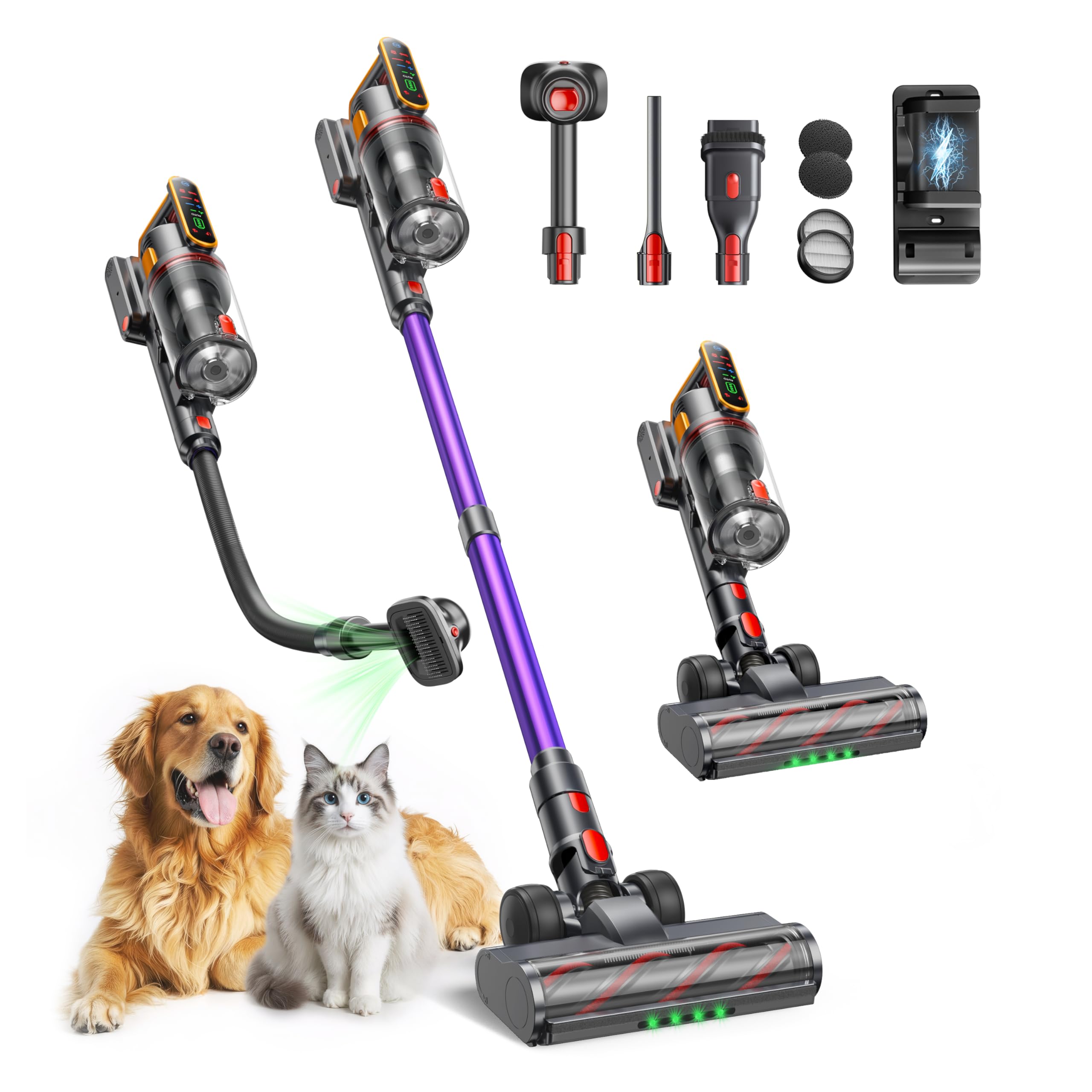 Fieety Akku Staubsauger 600W 50kPa – Kabellos mit Tierpflegebürste & 65 Min Laufzeit