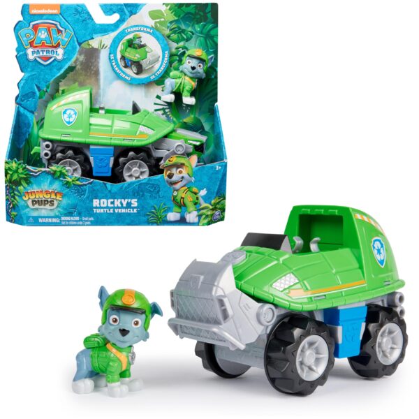 PAW PATROL Jungle Pups Schnappschildkröten-Fahrzeug mit Rocky-Figur – Transformierbares Spielzeug ab 3 Jahren