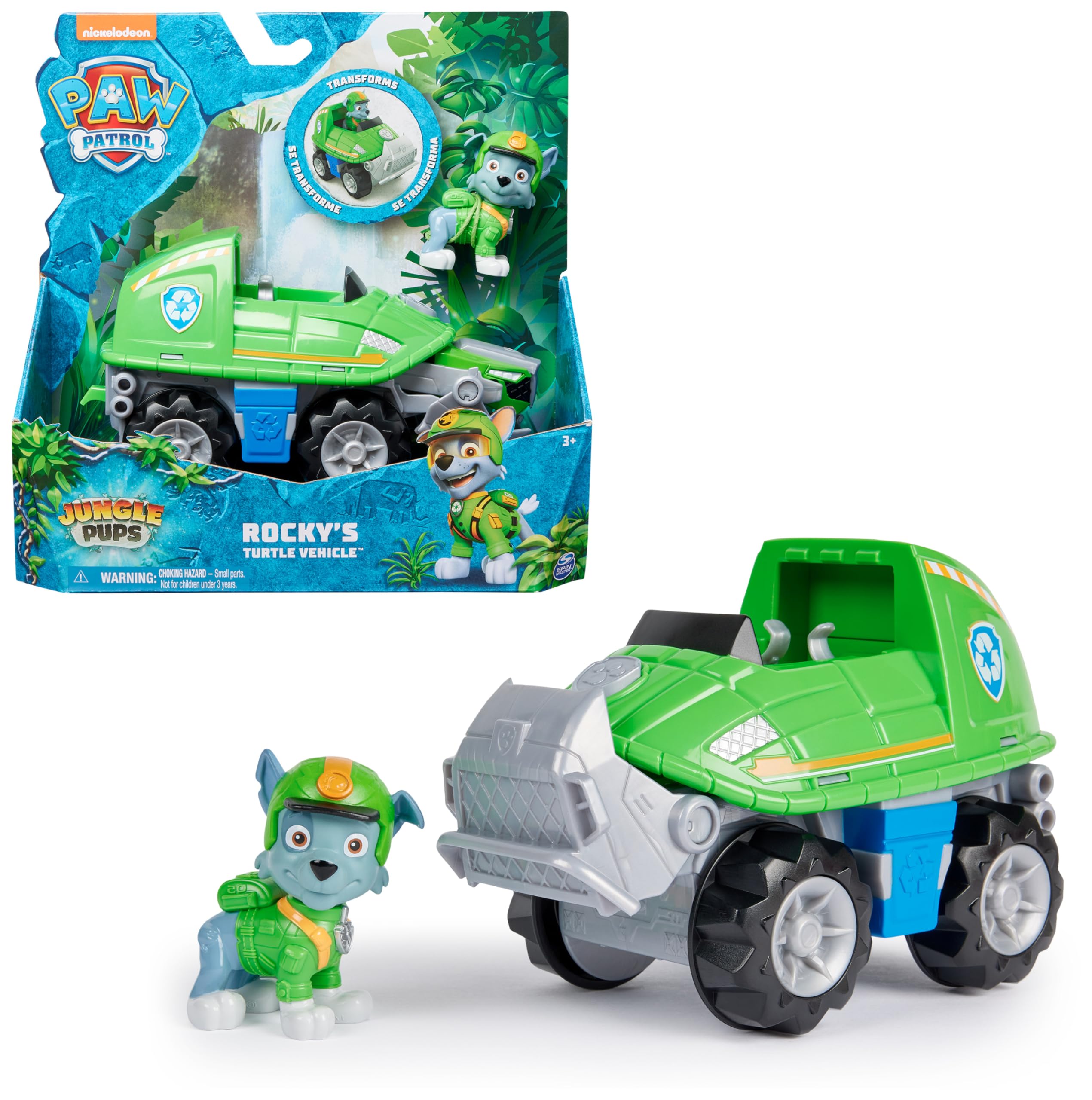 PAW PATROL Jungle Pups Schnappschildkröten-Fahrzeug mit Rocky-Figur – Transformierbares Spielzeug ab 3 Jahren