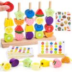 GiddyGlow Montessori Holzspielzeug 2-5 Jahre – 8-in-1 Lernset mit Stapel-, Fädel- & Sortierspiel
