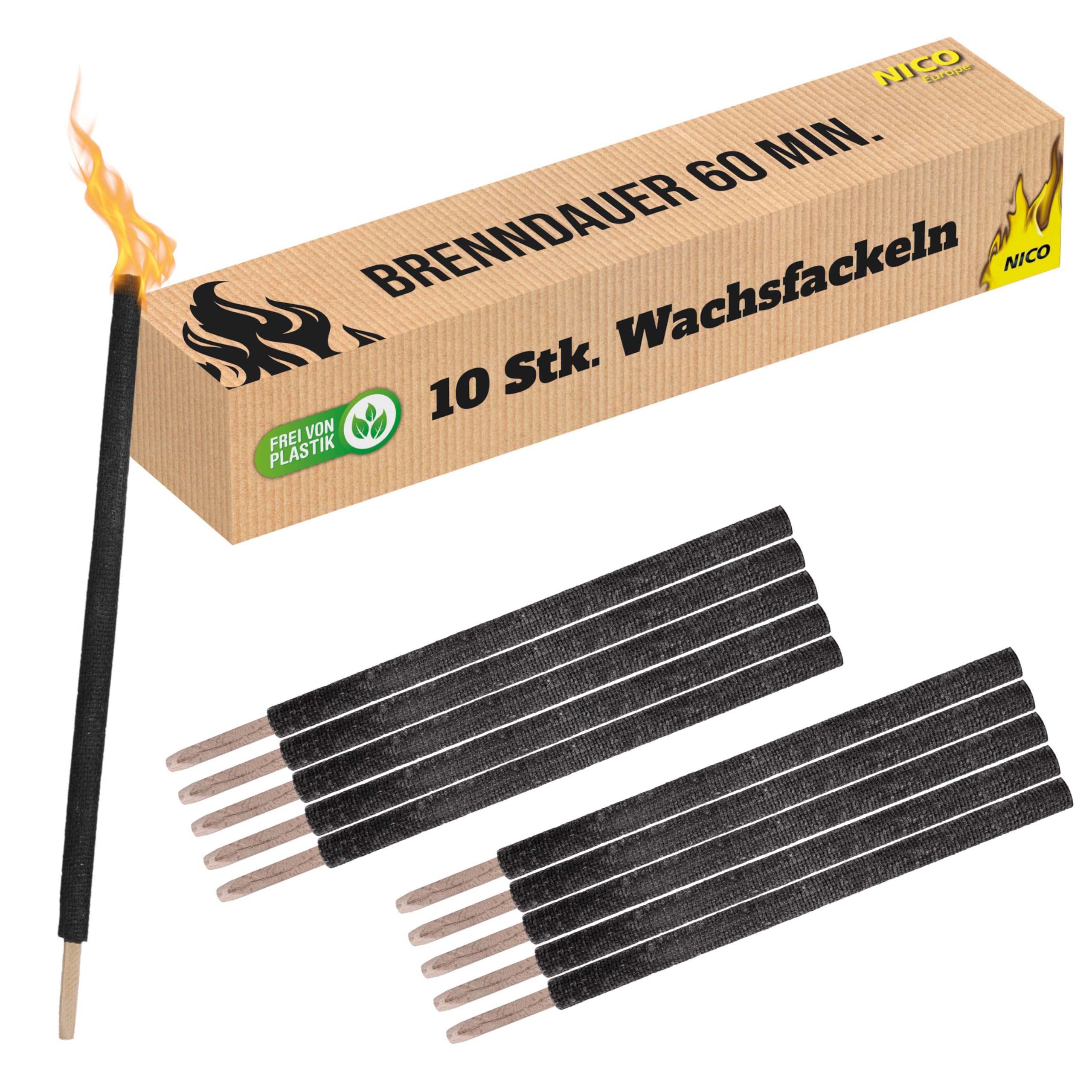 NICO Feuerwerk® Wachsfackeln 10er Set – 60 Min. Brenndauer mit Handschutz