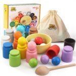 Biticolor Montessori Holz Sortier Set – 12 Regenbogen Kugeln mit Tassen & Löffel für Kleinkinder – Bild 4