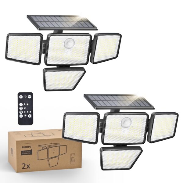 Philips Solar-Aussenlleuchte mit Bewegungsmelder, 196 LED & Fernbedienung – IP65 (2er Set)
