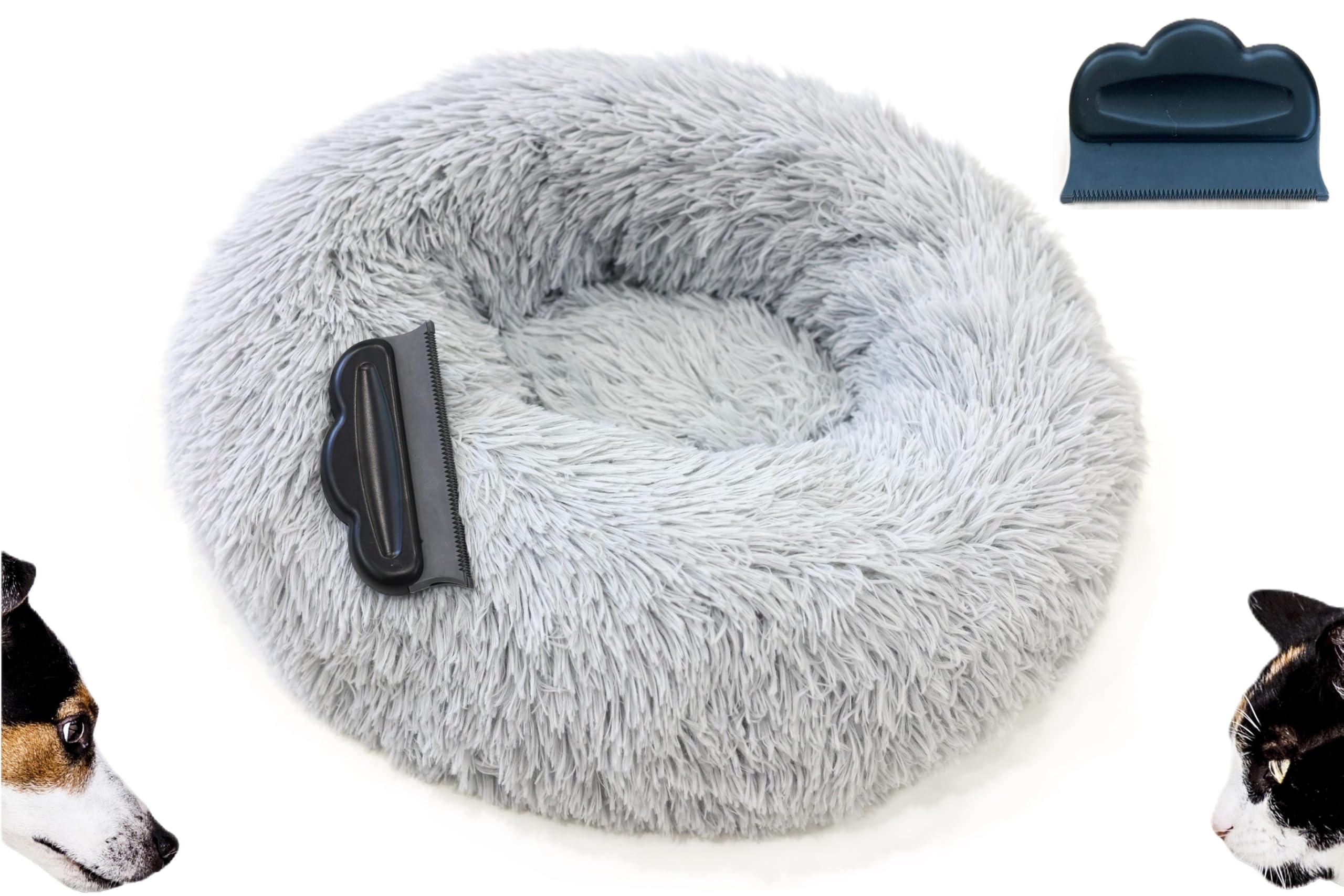 Borcelle Natural Donut-Hundebett Ø 50 cm mit Plüsch & Haarentfernerbürste – Wärmespeicherndes Katzenbett