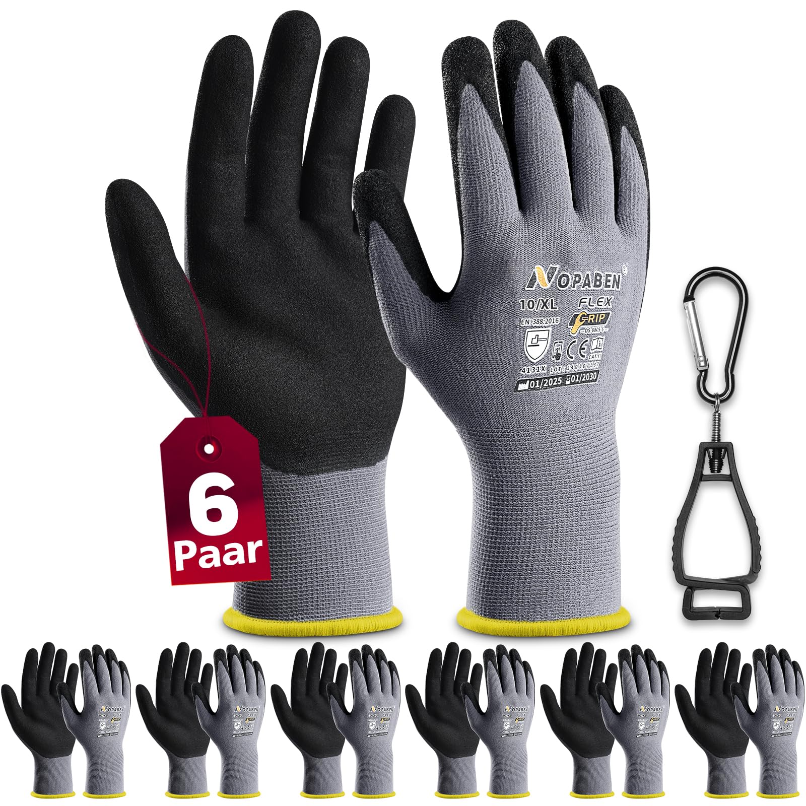 Nopaben 6er Pack Arbeitshandschuhe – Montagehandschuhe mit Nitrilbeschichtung für Handwerk