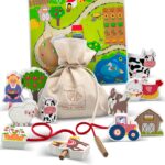 Merle Toys® Fädelspiel ab 2 Jahre – 12 Holzfiguren Bauernhof mit Spielbrett aus FSC Holz