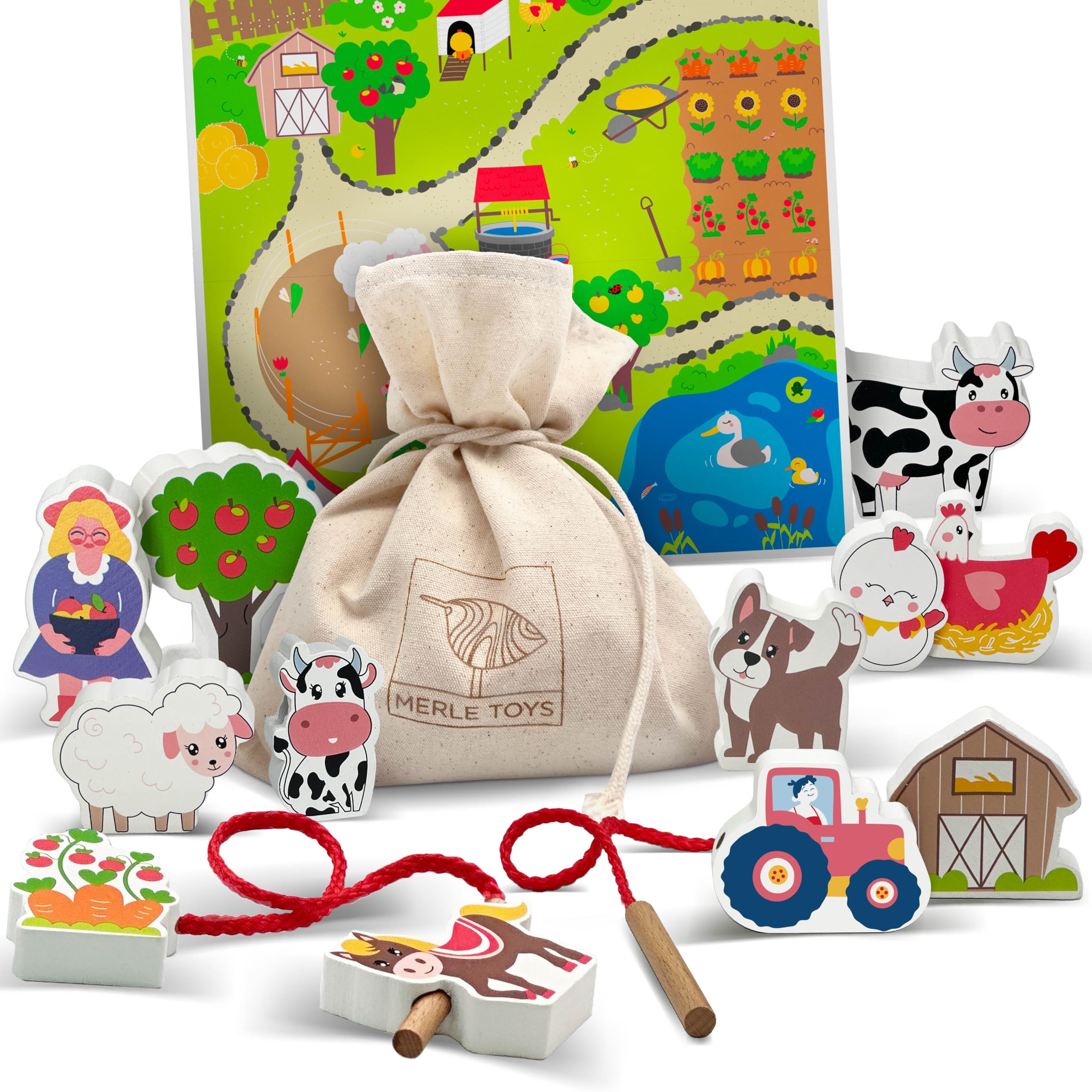Merle Toys® Fädelspiel ab 2 Jahre – 12 Holzfiguren Bauernhof mit Spielbrett aus FSC Holz