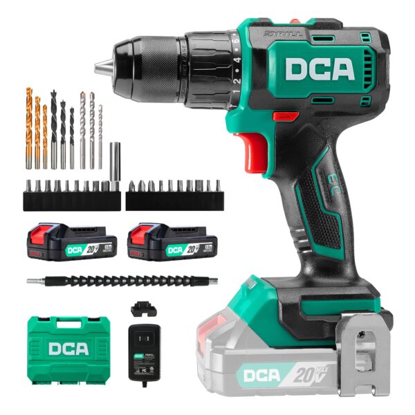 DCA 20V Bürstenloser Schlagbohrschrauber 55Nm – Profi-Akku-Bohrmaschine mit 2x2.0Ah