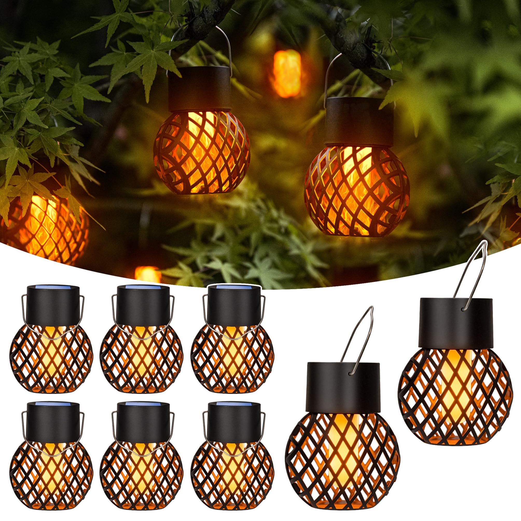 GIGALUMI Solar Hängeleuchten 8er-Set mit LED-Flammeneffekt – Wasserdicht IP65 für Garten