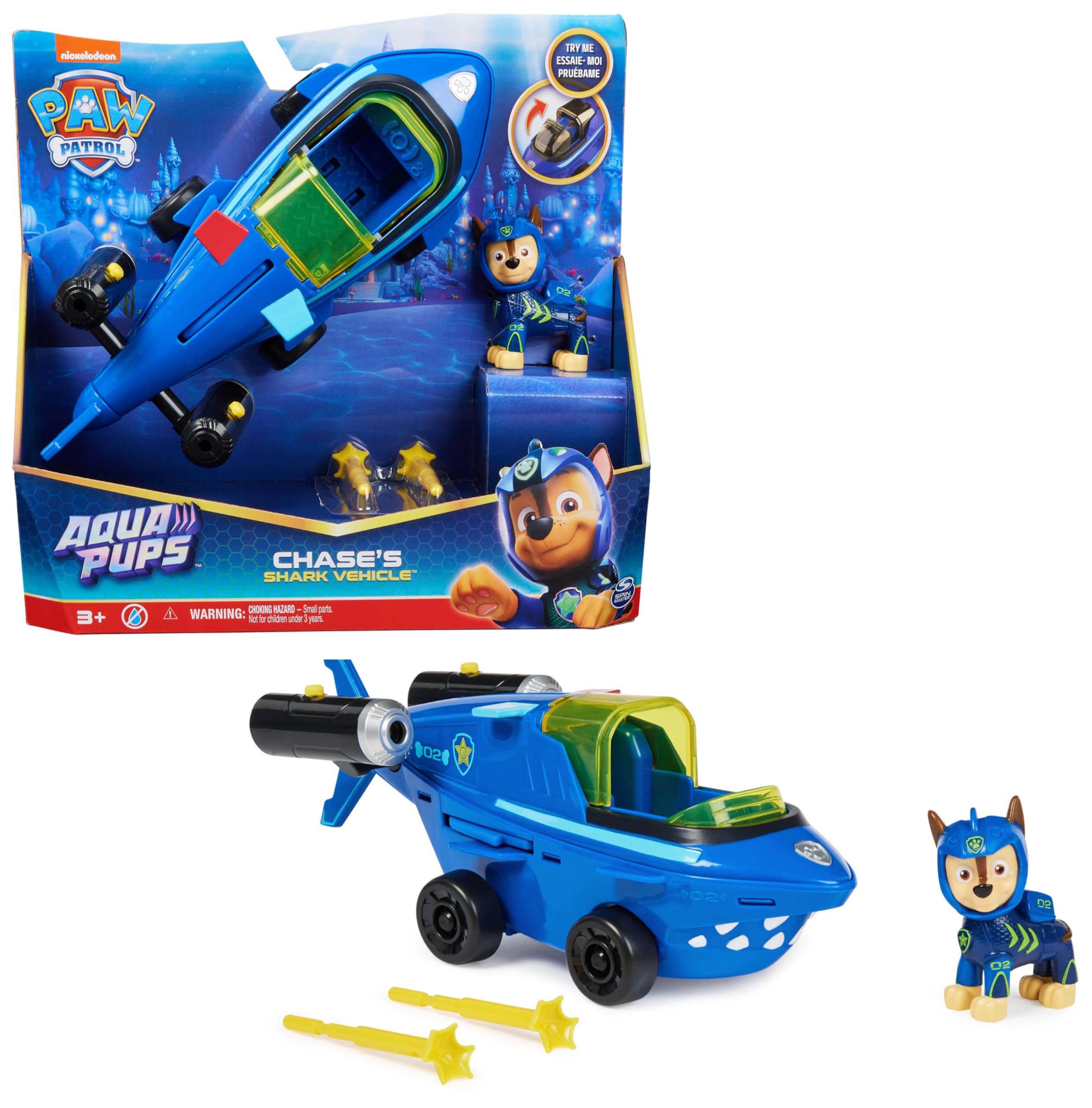 PAW PATROL Aqua Pups – Chase Hai-Fahrzeug mit Welpenfigur & Abschussvorrichtung