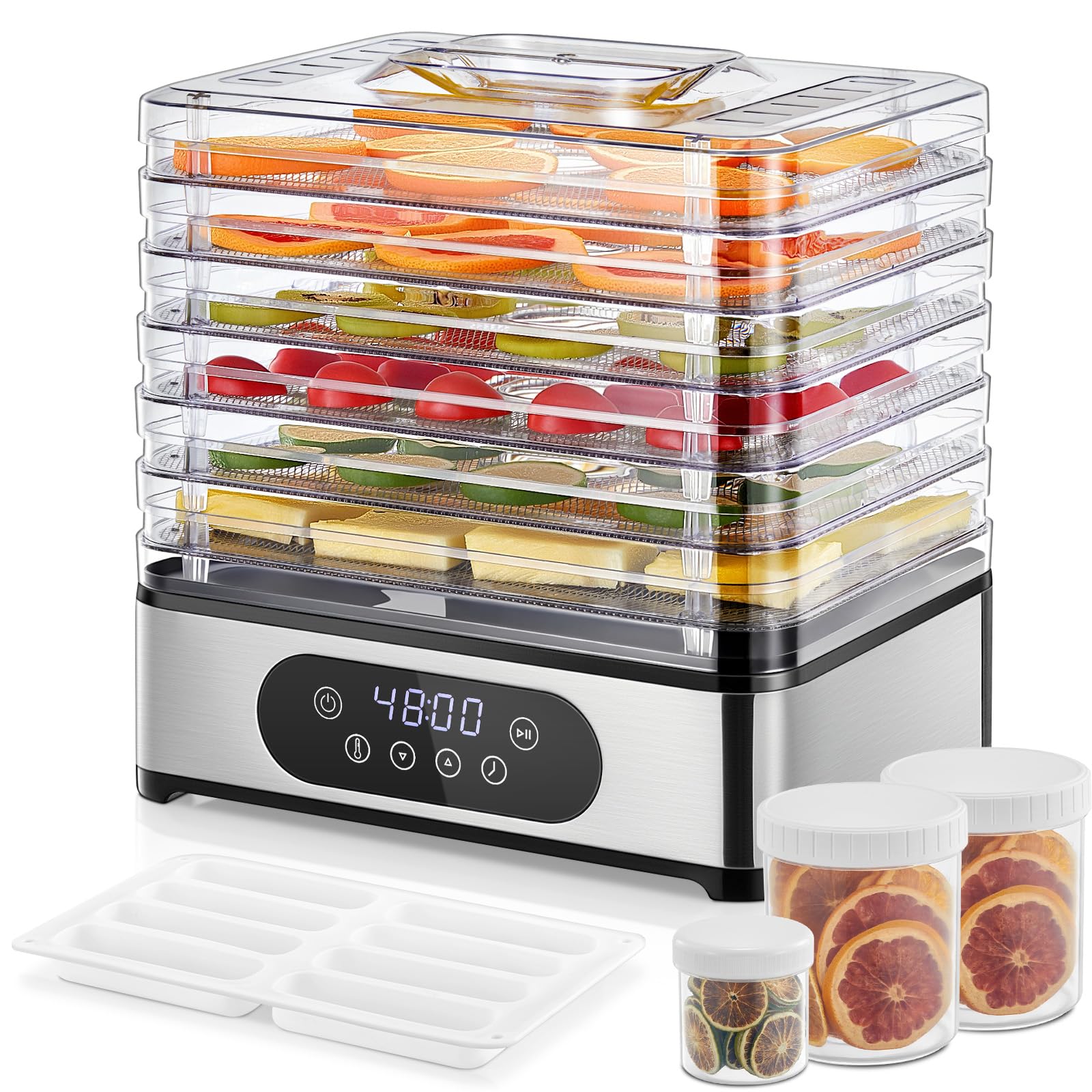 FOHERE Dörrautomat mit 6 Edelstahl-Fächern – 400W Dehydrator mit 48h-Timer & 35-70°C