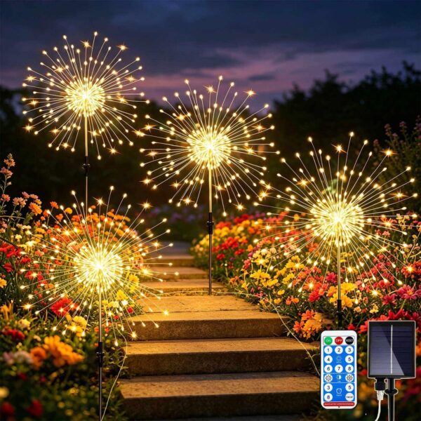 Joycome 2er Set Solar-Feuerwerksleuchten 4x120 LED mit Fernbedienung – Gartenbeleuchtung für Aussen