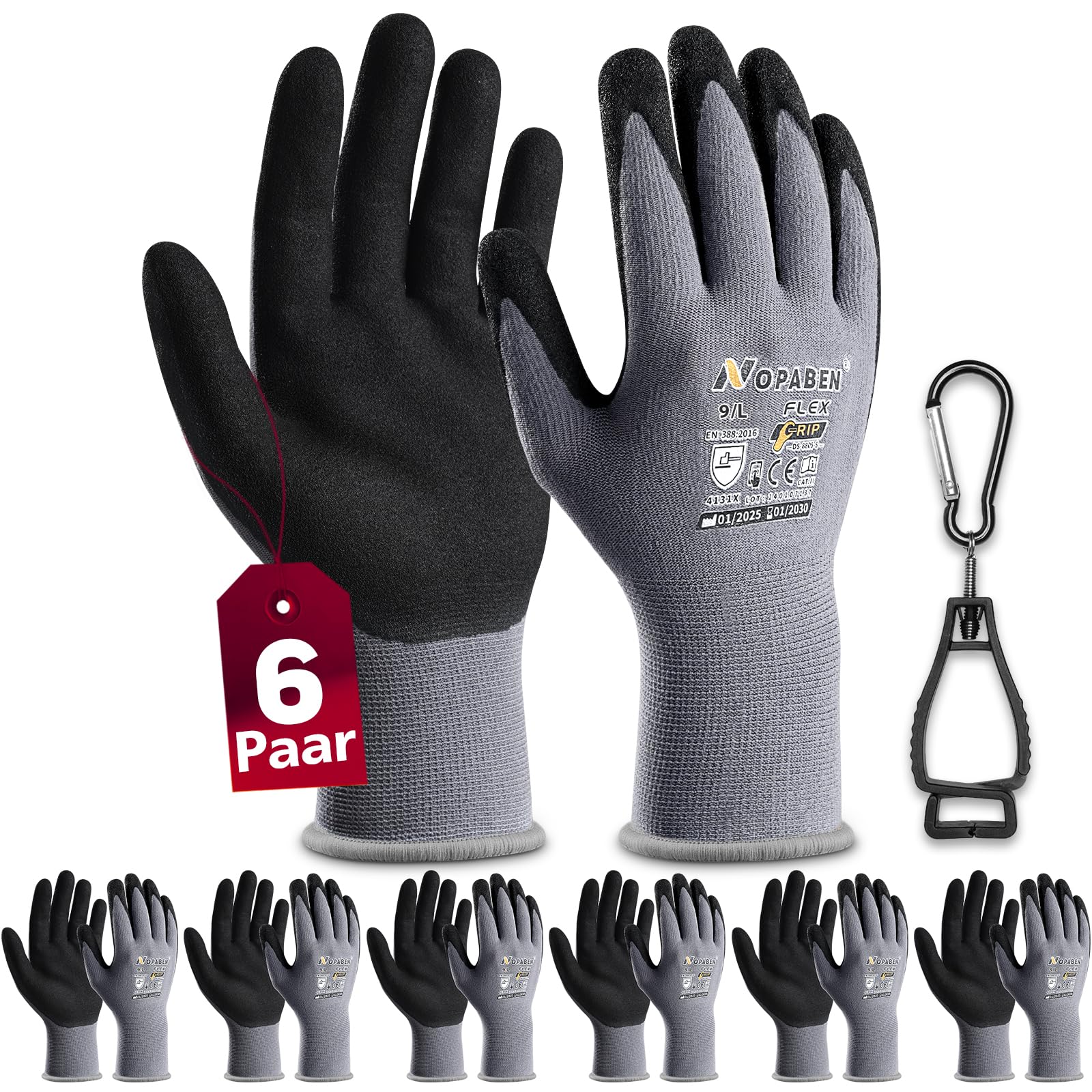6 Paar Arbeitshandschuhe Grösse 9/L mit Nitril-Grip – rutschfest für Mechaniker & Handwerker