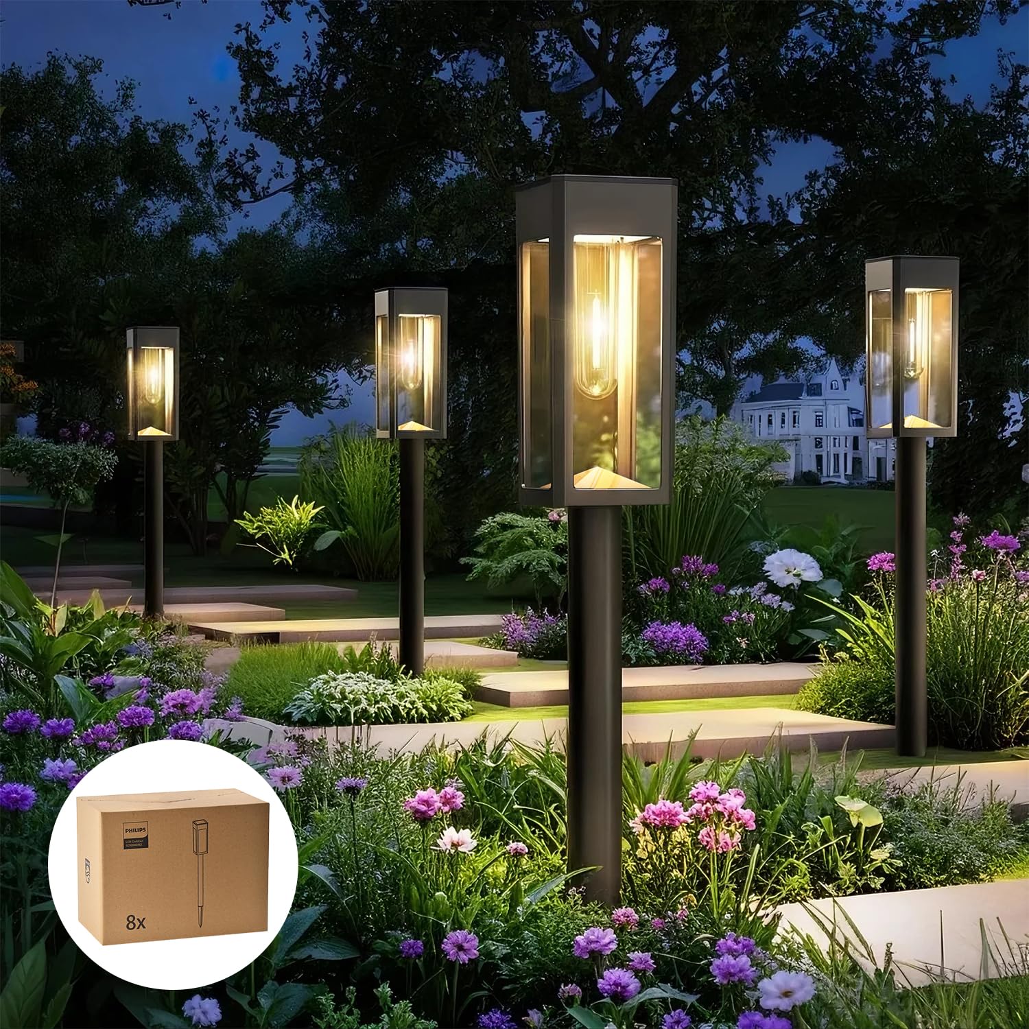 Philips 8er Set Solarleuchten Garten 3000K – Warmweisse LED Aussenbeleuchtung mit Dämmerungs-Automatik