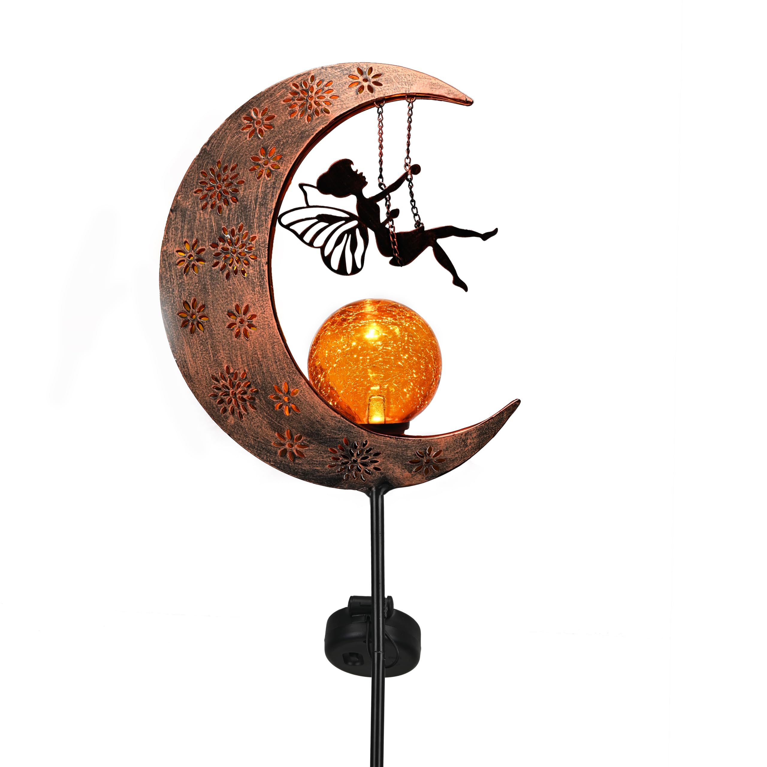 100 cm Solar Gartenlampe Fee auf Mond – LED Wegeleuchte mit Glaskugel für Außen