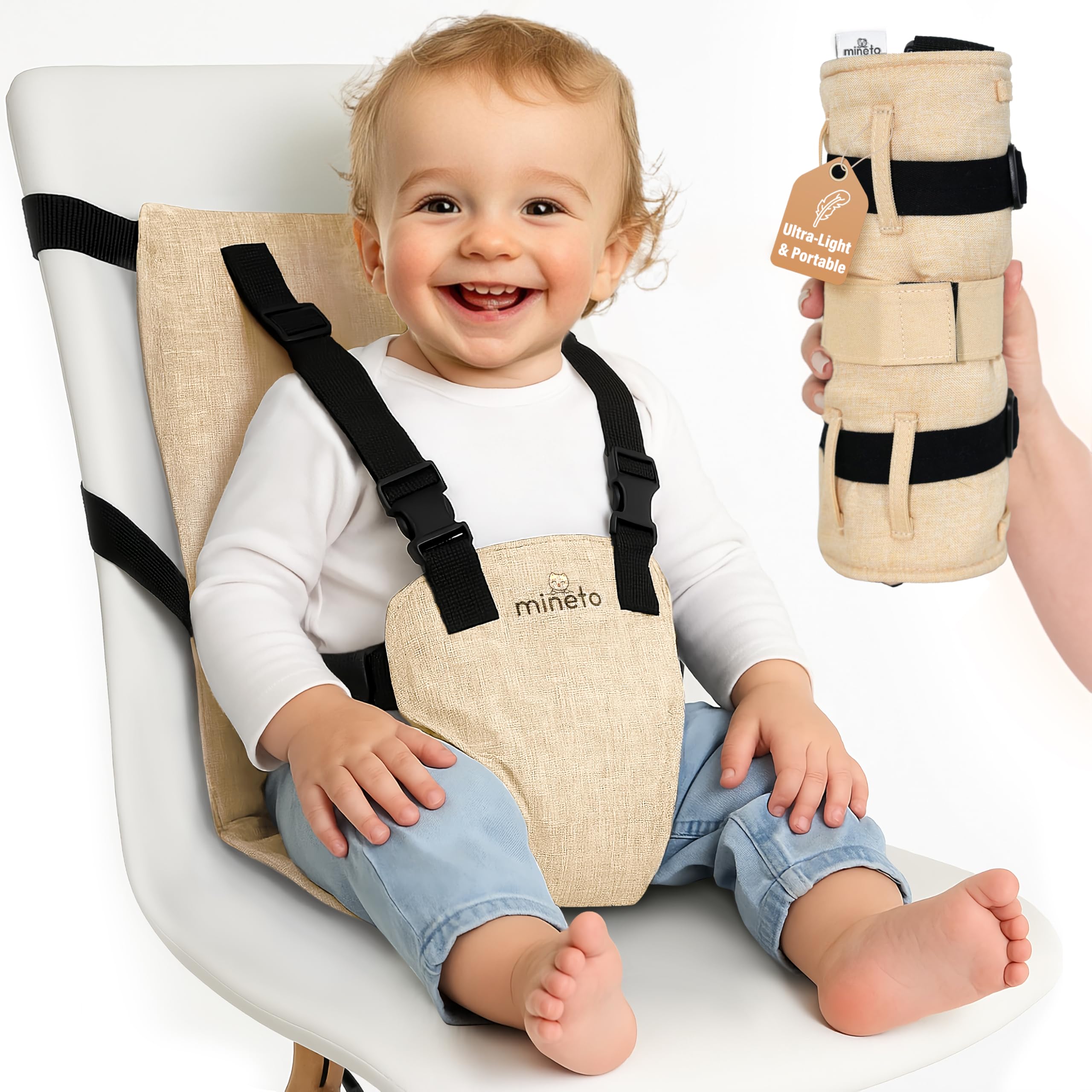 mineto Tragbare Sitzerhöhung – Klappbarer Kinderhochstuhl für Zuhause & Reisen